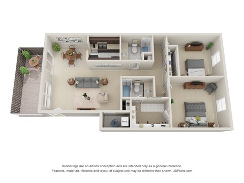 Floor plan for 2 beds, 2 baths, 956 sqft